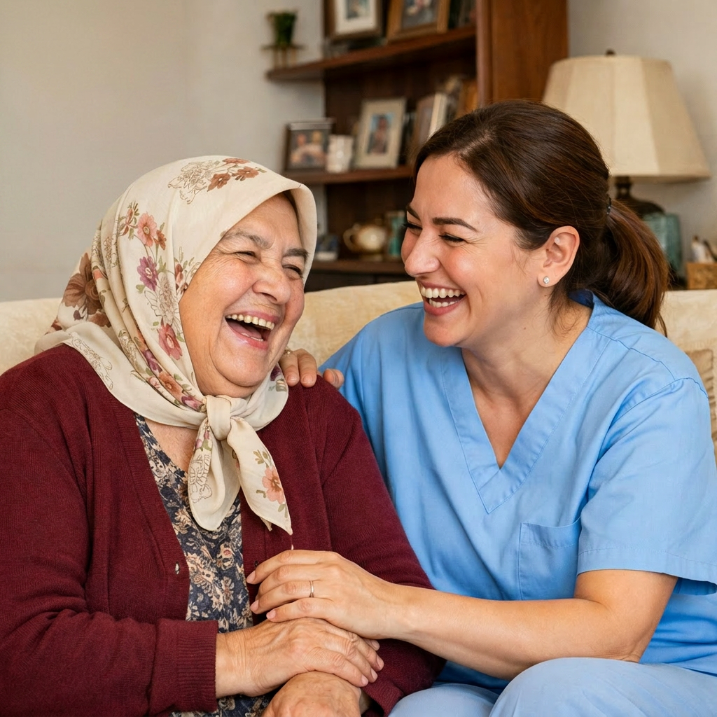 Caregiver in blue scrubs laughing and holding hands with elderly woman in floral headscarf and maroon sweater